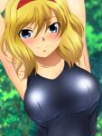  1girl alice_margatroid armpits bangs blonde_hair blue_eyes blurry blurry_background blush breasts closed_mouth collarbone day eyebrows_visible_through_hair hair_between_eyes hairband large_breasts long_hair looking_at_viewer outdoors red_hairband school_swimsuit shiny shiny_hair solo swimsuit touhou upper_body yadokari_genpachirou 