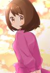  1girl arms_behind_back bangs blush brown_eyes brown_hair closed_mouth commentary_request dress eyebrows_visible_through_hair eyelashes gloria_(pokemon) haru_(haruxxe) highres looking_at_viewer pink_dress pokemon pokemon_(game) pokemon_swsh short_hair sleeves_past_elbows solo 