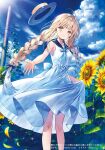  1girl bangs blonde_hair blue_neckwear blue_ribbon blue_sailor_collar blue_sky braid closed_mouth commentary_request day dress eyebrows_visible_through_hair flower hair_ribbon hanekoto hat long_hair looking_at_viewer original outdoors ribbon sailor_collar sky sleeveless sleeveless_dress smile solo standing straw_hat sunflower twin_braids very_long_hair white_dress yellow_eyes 
