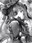  1girl bow bowtie coat eyepatch gloves gothic_lolita greyscale hand_up hat highres hololive houshou_marine lolita_fashion long_hair long_sleeves looking_at_viewer monochrome nanashi_(nlo) one_eye_covered smile solo top_hat twintails 