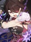  1girl beidou_(genshin_impact) breasts brown_hair commentary_request earrings electricity eyepatch genshin_impact highres holding holding_sword holding_weapon incoming_attack jewelry long_hair looking_at_viewer open_mouth red_eyes solo sword type-alpha weapon 