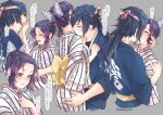  1boy 1girl back_bow black_hair blue_hair blue_kimono blush bow butterfly_hair_ornament closed_eyes couple embarrassed floral_print gradient_hair grey_background hair_intakes hair_ornament hetero japanese_clothes kimetsu_no_yaiba kimono kiss kochou_shinobu kyarotto_(zenkixd) long_hair low_ponytail multicolored_hair neck_kiss obi print_kimono purple_hair sash shiny shiny_hair short_hair speech_bubble striped striped_kimono tomioka_giyuu twitter_username white_kimono yellow_bow yukata 