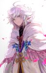  1boy absurdres ahoge bangs blue_eyes blurry blurry_foreground bow bowtie closed_mouth coat fate/grand_order fate_(series) feathers flower frills hair_between_eyes hair_flower hair_ornament highres kyara-suro long_hair looking_at_viewer male_focus merlin_(fate) messy_hair petals sidelocks smile solo standing upper_body white_background white_coat white_hair 