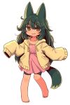 1girl animal_ear_fluff animal_ears bangs barefoot bike_shorts black_shorts blush brown_jacket collarbone drawstring dress eyebrows_visible_through_hair fang full_body green_hair hair_between_eyes highres hood hood_down hooded_jacket jacket long_hair long_sleeves naga_u open_clothes open_jacket open_mouth original pink_dress short_eyebrows short_shorts shorts simple_background sleeves_past_fingers sleeves_past_wrists smile solo standing tail thick_eyebrows very_long_hair white_background 