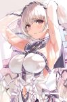  1girl absurdres armpits arms_up azur_lane bangs bare_shoulders blush breasts closed_mouth clothing_cutout detached_sleeves dress eyebrows_visible_through_hair flower formidable_(azur_lane) frilled_dress frills grey_hair hair_between_eyes hair_ornament hair_ribbon highres huge_breasts long_hair looking_at_viewer navel navel_cutout ribbon simple_background solo temir twintails two-tone_ribbon veil very_long_hair violet_eyes 
