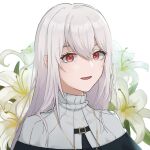  1girl :d arknights bangs chinese_commentary commentary_request flower hair_between_eyes jewelry long_hair looking_at_viewer necklace nekonomi no_headwear open_mouth red_eyes silver_hair simple_background smile solo specter_(arknights) turtleneck upper_body white_background white_flower 