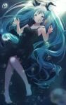  1girl absurdres barefoot black_bow black_dress blue_eyes blue_hair bow bubble collarbone dress floating_hair full_body hair_bow hatsune_miku highres long_hair looking_at_viewer parted_lips potate shinkai_shoujo_(vocaloid) shiny shiny_hair sleeveless sleeveless_dress solo twintails underwater very_long_hair vocaloid 