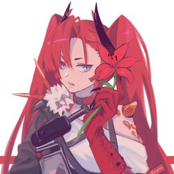  1girl arknights bangs bare_shoulders blue_eyes chinese_commentary choker commentary_request flower fur_trim hair_between_eyes hand_up highres holding holding_flower horns long_hair looking_at_viewer off_shoulder oripathy_lesion_(arknights) parted_lips red_choker red_flower redhead shirt simple_background solo toddifons_(arknights) towne twintails upper_body white_background white_shirt 