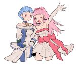  2girls ;d alternate_costume bare_shoulders blue_hair braid breasts brown_eyes buttons cropped_legs crown_braid do_m_kaeru double-breasted dress elbow_gloves fire_emblem fire_emblem:_three_houses gloves hilda_valentine_goneril locked_arms long_hair marianne_von_edmund medium_breasts multiple_girls one_eye_closed open_mouth pink_eyes pink_hair signature simple_background smile waving white_background 