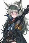  1girl :&lt; animal_ears aogisa arknights armband blue_gloves gloves grani_(arknights) grey_hair highres hip_vent holding holding_weapon horse_ears jacket long_hair looking_at_viewer simple_background solo upper_body violet_eyes visor_cap weapon white_background 