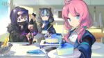  3girls ahoge andreana_(arknights) animal_ears arknights artist_request belt black_jacket black_mask blue_eyes blue_hair blue_jacket blue_poison_(arknights) bowl cake cake_slice cake_stand chinese_commentary commentary copyright_name cupboard double_bun eating faucet food fork fur-trimmed_hood fur_trim glaucus_(arknights) goggles goggles_on_head highres holding holding_fork holding_plate hood hood_down hood_up ice_cream incoming_food indoors jacket kitchen long_hair looking_at_viewer low_twintails mask medium_hair microwave mouth_mask multicolored_hair multiple_girls octopus official_art open_clothes open_jacket pastry_bag pink_hair plate ponytail purple_hair rectangular_pupils shirt smile spatula squid_ink sundae twintails upper_body utensil_in_mouth utility_belt watermark white_shirt window 