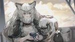  1girl 1other :d animal_ear_fluff animal_ears arknights bangs black_capelet black_gloves braid capelet coffee coffee_mug commentary_request cup earrings gloves grey_eyes hair_between_eyes hair_ornament highres holding holding_cup jewelry leopard_ears leopard_tail long_hair midu5 mug necklace open_mouth out_of_frame pramanix_(arknights) silver_hair smile solo solo_focus tail turtleneck upper_body 