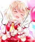  1girl ^_^ ascot balloon blonde_hair bloom blurry blush brad_scarlet closed_eyes crystal depth_of_field dress fang flandre_scarlet happy highres nail_polish one_side_up open_mouth pink_nails red_dress short_hair simple_background skin_fang smile solo touhou upper_body v white_background wings wrist_cuffs yellow_neckwear 
