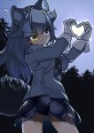  1girl 910m27r animal_ears blue_eyes cowboy_shot flying_sweatdrops full_moon fur_collar gloves glowing glowing_eyes grey_hair grey_jacket grey_neckwear grey_skirt grey_wolf_(kemono_friends) heart heart_hands heterochromia jacket kemono_friends long_hair long_sleeves moon multicolored_hair necktie plaid plaid_neckwear plaid_skirt pleated_skirt skirt sleeve_cuffs solo tail two-tone_hair white_fur white_gloves white_hair wolf_ears wolf_girl wolf_tail yellow_eyes 