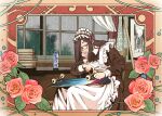  1girl apron black_hair book book_stack bottle closed_eyes commentary flower glasses indoors maid maid_apron maid_headdress original rain repairing rose screwdriver skateboard skating solo suzushiro_(suzushiro333) wheel window 