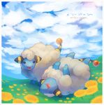  :d border closed_eyes clouds commentary_request day flower gen_2_pokemon grass highres kikuyoshi_(tracco) lying mareep no_humans on_back open_mouth outdoors pokemon pokemon_(creature) sheep signature sky smile tongue white_border 