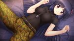  1girl belt black_belt black_shirt blue_hair breasts breasts_apart camouflage camouflage_pants closed_mouth covered_navel eyebrows_visible_through_hair floating_hair flower game_cg green_pants hair_flower hair_ornament hime_cut long_hair looking_at_viewer lying medium_breasts muvluv muvluv_alternative muvluv_alternative_strike_frontier official_art on_back pants red_flower sendou_yuzuka shiny shiny_hair shirt short_sleeves skin_tight smile solo straight_hair very_long_hair violet_eyes 