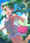  1girl :d absurdres bangs bare_arms blush bounsweet chromatic_aberration clouds commentary day eyelashes flower gen_7_pokemon green_eyes green_hair hair_flower hair_ornament highres leg_up long_hair looking_to_the_side mallow_(pokemon) open_mouth outdoors overalls pink_flower pokemon pokemon_(creature) pokemon_(game) pokemon_sm pon_yui shiny shiny_hair sky smile solo swept_bangs tongue tree twintails upper_teeth 