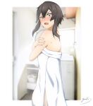  1girl asada_shino bangs blurry blurry_background blush brown_eyes brown_hair cowboy_shot embarrassed from_side hair_between_eyes long_hair naked_towel open_mouth shiny shiny_hair signature solo standing sword_art_online towel wavy_mouth wet wet_hair white_towel yaato_(yamato99725444) 
