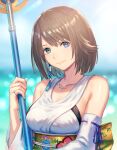  1girl anbe_yoshirou blue_eyes breasts brown_hair closed_mouth detached_sleeves final_fantasy final_fantasy_x green_eyes hair_ornament heterochromia highres holding japanese_clothes jewelry looking_at_viewer necklace short_hair solo staff weapon yuna_(ff10) 