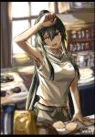  1girl alternate_costume armpits bangs black_hair breasts cooking eyebrows_visible_through_hair hair_between_eyes hairband hand_up highres kantai_collection kitchen long_hair looking_at_viewer medium_breasts one_eye_closed open_mouth ponytail seitei_(04seitei) shirt sketch sleeveless sleeveless_shirt solo upper_body white_shirt yahagi_(kancolle) 