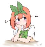  1girl bangs blue_eyes blush bow closed_mouth collared_shirt eyebrows_behind_hair go-toubun_no_hanayome green_bow green_ribbon hair_between_eyes hair_ribbon kujou_karasuma looking_at_viewer nakano_yotsuba orange_hair ribbon shirt short_sleeves signature simple_background solo sweater_vest translation_request upper_body white_background white_shirt 