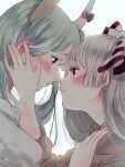  2girls bangs blush bow collared_shirt ex-keine eyebrows_visible_through_hair fujiwara_no_mokou green_hair hair_strand hands_on_another&#039;s_face height_difference hime_cut horn_bow horn_ornament horn_ribbon horns imminent_kiss kamishirasawa_keine lips looking_at_another mokoiscat multiple_girls noses_touching puffy_short_sleeves puffy_sleeves red_eyes ribbon shirt short_sleeves sidelocks silver_hair smile white_background yuri 