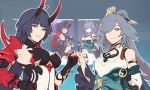  2girls :| blue_hair breasts chinese_clothes closed_mouth clothing_cutout fu_hua fu_hua_(azure_empyrea) gameplay_mechanics grey_eyes grey_hair hair_ornament hair_over_one_eye hairpin high_ponytail holding_hands honkai_(series) honkai_impact_3rd horns large_breasts long_hair long_sleeves maiqo multiple_girls raiden_mei raiden_mei_(herrscher_of_thunder) red_horns sideboob small_breasts smile violet_eyes yin_yang 