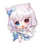  1girl :d animal_ears bangs bloomers blue_bow blue_eyes blue_hair blue_legwear blue_skirt blush bow cat_ears cat_girl cat_tail chibi commission eyebrows_visible_through_hair fang flower full_body grey_hair hair_bow hair_ornament hairclip heterochromia looking_at_viewer lowres multicolored_hair open_mouth original pink_flower puffy_short_sleeves puffy_sleeves red_eyes shirt shoes short_sleeves simple_background single_thighhigh skeb_commission skirt smile solo streaked_hair tail thigh-highs underwear white_background white_bloomers white_shirt x_hair_ornament yamabukiiro 