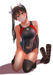  1girl arms_behind_back asymmetrical_legwear black_footwear black_gloves black_hair black_swimsuit boots_removed brown_eyes commentary_request competition_swimsuit elbow_gloves full_body gloves hair_ribbon head_tilt hieda_(hiedanoaqn) highres kantai_collection kneeling long_hair looking_at_viewer one-piece_swimsuit ribbon simple_background single_elbow_glove single_thighhigh solo swimsuit thigh-highs tone_(kancolle) twintails white_background 
