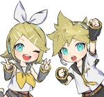  1boy 1girl aqua_eyes arm_warmers bangs bare_shoulders bass_clef black_collar black_shorts blonde_hair bow chibi collar commentary double_v grey_collar grey_shorts grey_sleeves hair_bow hair_ornament hairclip headphones headset kagamine_len kagamine_rin looking_at_viewer midriff_peek nail_polish naoko_(naonocoto) neckerchief necktie one_eye_closed open_mouth outstretched_arms sailor_collar school_uniform shirt short_hair short_ponytail short_shorts short_sleeves shorts sleeveless sleeveless_shirt smile spiky_hair swept_bangs treble_clef upper_body v vocaloid white_background white_bow white_shirt yellow_nails yellow_neckwear 