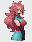  1girl android_21 blue_eyes breasts checkered checkered_dress closed_mouth dragon_ball dragon_ball_fighterz dress earrings glasses grey_background hair_between_eyes hoop_earrings jewelry kemachiku large_breasts long_hair looking_at_viewer redhead simple_background smile solo 