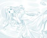  1girl 1other aqua_theme chuchumy_(ishiyumi) diadem fish g-spring_goddess_(ishiyumi) highres ishiyumi long_hair monochrome on_water original peplos ripples roman_clothes water wavy_hair 