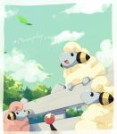  :d absurdres alternate_color black_eyes blurry border character_name clouds commentary_request day fence gen_2_pokemon highres kura_(shironagasu02) leaves_in_wind looking_up mareep no_humans open_mouth outdoors pokemon pokemon_(creature) sheep shiny_pokemon sky smile tongue white_border 