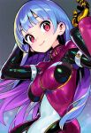  1girl bangs blue_hair bodysuit breasts collar commentary_request gloves kula_diamond long_hair looking_at_viewer medium_breasts red_eyes shunin smile snk solo the_king_of_fighters upper_body 