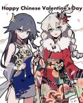  2girls alternate_costume antenna_hair blue_eyes braid brush china_dress chinese_clothes closed_mouth dress fu_hua_(valkyrie_accipter) highres honkai_(series) honkai_impact_3rd ink japanese_clothes kiana_kaslana kimono long_hair looking_at_viewer meadow_(morphinecaca) multiple_girls open_mouth smile twin_braids white_hair 