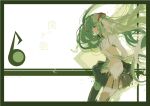 1girl absurdly_long_hair arms_behind_back bare_arms black_eyes black_legwear black_skirt boku_no_sainou_(vocaloid) border circle closed_mouth collared_shirt commentary_request cowboy_shot eighth_note expressionless facing_away flat_chest green_hair green_theme hatsune_miku jitome limited_palette long_hair looking_down messy_hair musical_note necktie number_tattoo paint_splatter pleated_skirt profile ruuya_higashino shapes shirt shoulder_tattoo simple_background skirt sleeveless sleeveless_shirt solo tattoo thigh-highs translation_request triangle twintails very_long_hair vocaloid white_background wowaka zettai_ryouiki 