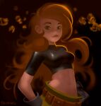  1girl baggy_pants belt breasts crop_top english_commentary fluffy freckles gloves green_eyes hand_in_pocket hand_on_hip highres impossible_pants kim_possible long_hair loose_pants midriff navel orange_hair otagoth pants tight_top turtleneck 