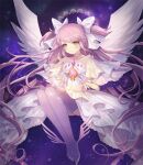  1girl bow dress frilled_dress frills gloves goddess_madoka hair_bow hair_ribbon kaname_madoka lm long_hair magical_girl mahou_shoujo_madoka_magica pink_hair ribbon smile solo thigh-highs two_side_up very_long_hair white_dress white_gloves wings yellow_eyes 