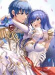  1boy 1girl absurdres bare_shoulders blue_eyes blue_hair blush bouquet breasts bridal_gauntlets bridal_veil bride caeda_(fire_emblem) dress elbow_gloves fingerless_gloves fire_emblem fire_emblem:_mystery_of_the_emblem fire_emblem:_shadow_dragon fire_emblem_heroes flower gloves gonzarez hair_ornament highres husband_and_wife jewelry long_hair marth_(fire_emblem) open_mouth short_hair smile veil wedding_dress white_dress 