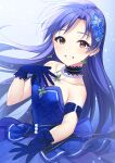  1girl absurdres blue_choker blue_dress blue_gloves blue_hair breasts brown_eyes choker collarbone dress earrings floating_hair gloves grin hair_intakes hair_ornament highres idolmaster idolmaster_(classic) jewelry kisaragi_chihaya long_hair looking_at_viewer mikapoe sleeveless sleeveless_dress small_breasts smile solo standing strapless strapless_dress very_long_hair 