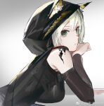  1girl animal_ears arknights bangs bare_shoulders black_jacket breasts chinese_commentary closed_mouth commentary_request elbow_rest green_eyes hair_between_eyes highres hood hood_up jacket kal&#039;tsit_(arknights) leiq_lei-shi_xian_gao_zha light_green_hair long_hair looking_at_viewer looking_to_the_side lynx_ears medium_breasts oripathy_lesion_(arknights) sidelocks solo upper_body weibo_username white_background 