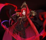  1girl absurdres armor belt black_armor black_background cape chain character_request covered_nipples fang fate_(series) flaming_eye hair_over_one_eye hand_on_hip highres holding holding_sword holding_weapon lan_xiezi long_hair looking_at_viewer open_mouth over_shoulder red_cape red_eyes red_lips redhead signature skull solo standing sword sword_over_shoulder tongue upper_teeth vambraces very_long_hair weapon weapon_over_shoulder 