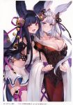  2girls absurdres animal_ears bangs black_hair blue_eyes breasts granblue_fantasy hair_ornament highres japanese_clothes medium_breasts multiple_girls open_mouth oyu_(sijimisizimi) page_number scan silver_hair simple_background smile socie_(granblue_fantasy) violet_eyes yuel_(granblue_fantasy) 