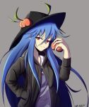  1girl alternate_costume bangs black_headwear black_jacket blue_hair closed_mouth eyebrows_visible_through_hair food fruit grey_background hair_between_eyes hand_in_pocket highres hinanawi_tenshi holding holding_food holding_fruit ja_moth jacket leaf long_hair long_sleeves looking_at_viewer peach red_eyes shirt simple_background solo touhou twitter_username upper_body v-shaped_eyebrows white_shirt 