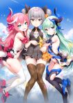  3girls blue_eyes blue_hair blue_sky bronya_zaychik clouds cloudy_sky drill_hair grey_eyes grey_hair highres homu_(honkai_impact) honkai_(series) honkai_impact_3rd jumping liliya_olenyeva looking_at_viewer looking_back marmoset_(marmoset0) multiple_girls pink_hair rozaliya_olenyeva siblings sky smile thigh-highs twin_drills twins 