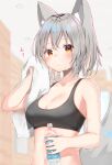  1girl animal_ears bottle grey_hair highres holding holding_bottle holding_towel inubashiri_momiji mamemochi red_eyes short_hair solo sweat tail touhou towel upper_body water_bottle wolf_ears wolf_tail 