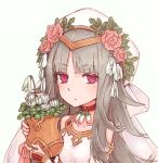  1girl bangs bare_shoulders choker collarbone dress eyebrows_visible_through_hair fire_emblem fire_emblem_heroes flower flower_pot gold_trim grey_hair hair_flower hair_ornament long_hair looking_at_viewer official_alternate_costume reciprocaldegree red_choker red_eyes solo upper_body veronica_(fire_emblem) white_background white_dress 