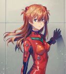  1girl blue_eyes bodysuit breasts commentary dust_particles eyebrows_visible_through_hair from_side gloves hair_between_eyes hajikkoneko hand_on_wall hand_up highres interface_headset long_hair long_sleeves looking_at_viewer neon_genesis_evangelion orange_hair parted_lips plugsuit ponytail red_bodysuit skin_tight small_breasts solo souryuu_asuka_langley tile_wall tiles upper_body 