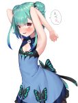  1girl armpits arms_up bangs bare_arms bare_shoulders blue_dress blue_hair blush double_bun dress eyebrows_visible_through_hair frilled_dress frills gradient_hair green_hair hair_ornament highres hololive k_mugura looking_at_viewer multicolored_hair parted_lips red_eyes simple_background skull_hair_ornament sleeveless sleeveless_dress smile solo translation_request uruha_rushia virtual_youtuber white_background 
